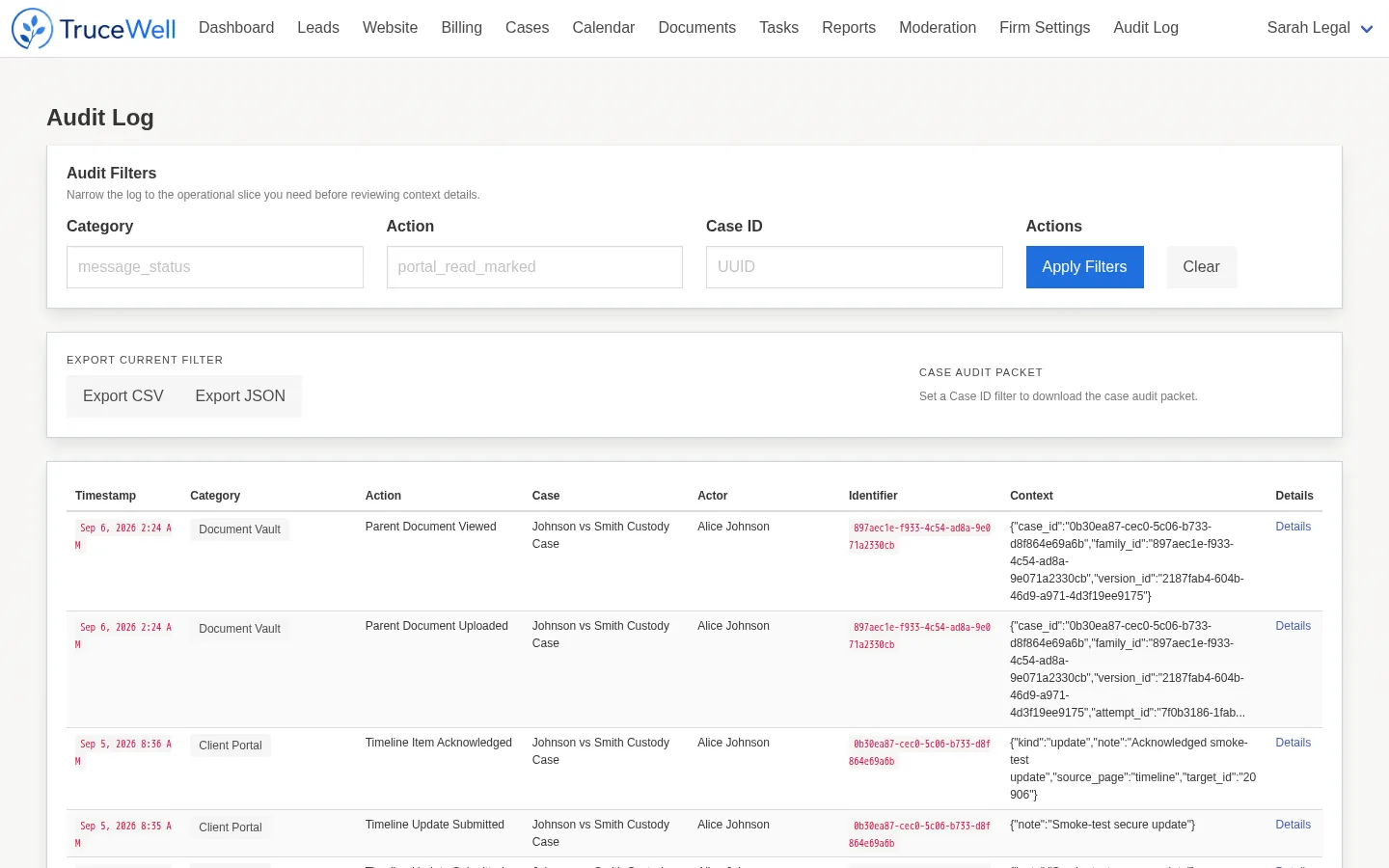 TruceWell audit log
