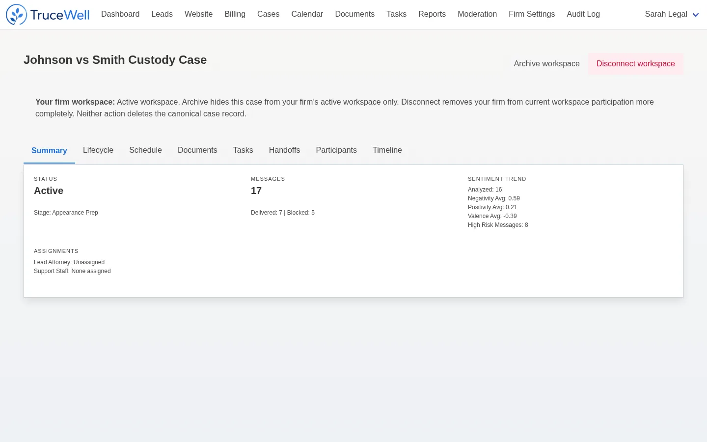 A family-law case workspace in TruceWell